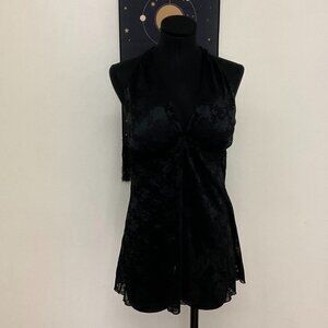 Y2K Cinema Exotle Lace Baby Doll Dress Halter Neck Sleeveless Size L Black